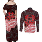 Gold Coast Suns ANZAC Day Couples Matching Off Shoulder Maxi Dress and Long Sleeve Button Shirt Indigenous Dot Art with Poppy Flower Tribute