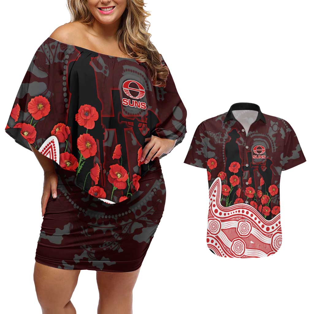 Gold Coast Suns ANZAC Day Couples Matching Off Shoulder Short Dress and Hawaiian Shirt Indigenous Dot Art with Poppy Flower Tribute