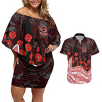 Gold Coast Suns ANZAC Day Couples Matching Off Shoulder Short Dress and Hawaiian Shirt Indigenous Dot Art with Poppy Flower Tribute