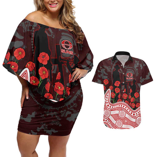 Gold Coast Suns ANZAC Day Couples Matching Off Shoulder Short Dress and Hawaiian Shirt Indigenous Dot Art with Poppy Flower Tribute