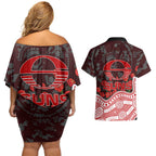 Gold Coast Suns ANZAC Day Couples Matching Off Shoulder Short Dress and Hawaiian Shirt Indigenous Dot Art with Poppy Flower Tribute