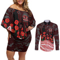 Gold Coast Suns ANZAC Day Couples Matching Off Shoulder Short Dress and Long Sleeve Button Shirt Indigenous Dot Art with Poppy Flower Tribute