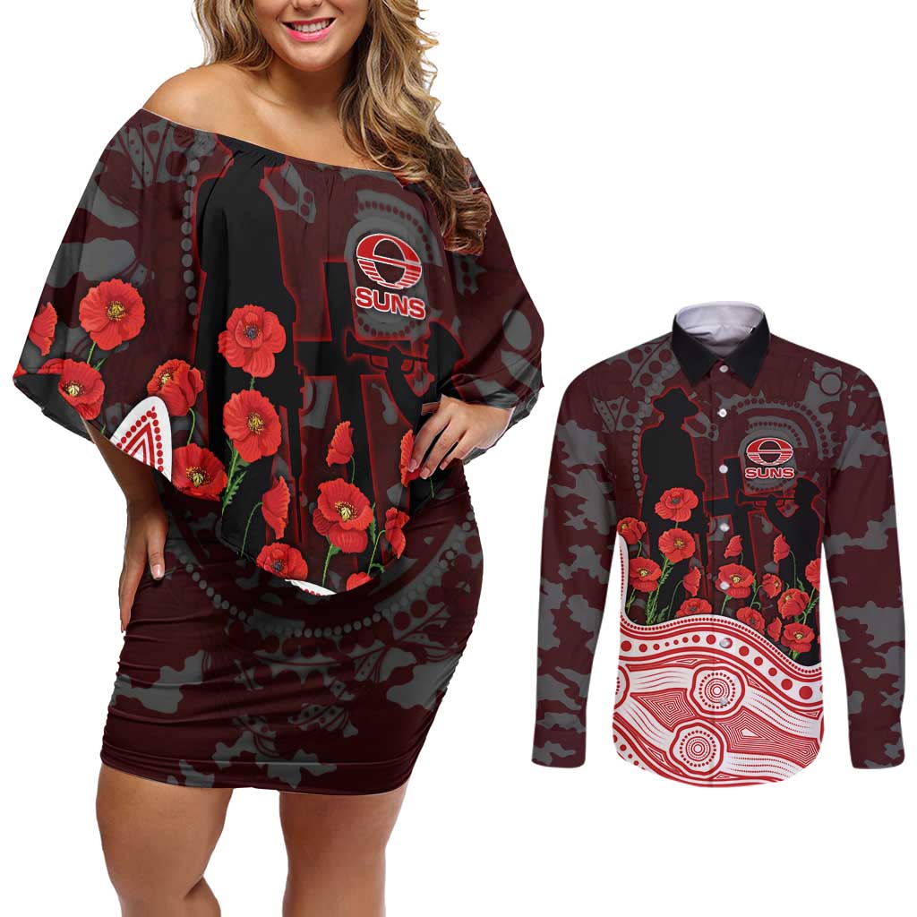 Gold Coast Suns ANZAC Day Couples Matching Off Shoulder Short Dress and Long Sleeve Button Shirt Indigenous Dot Art with Poppy Flower Tribute