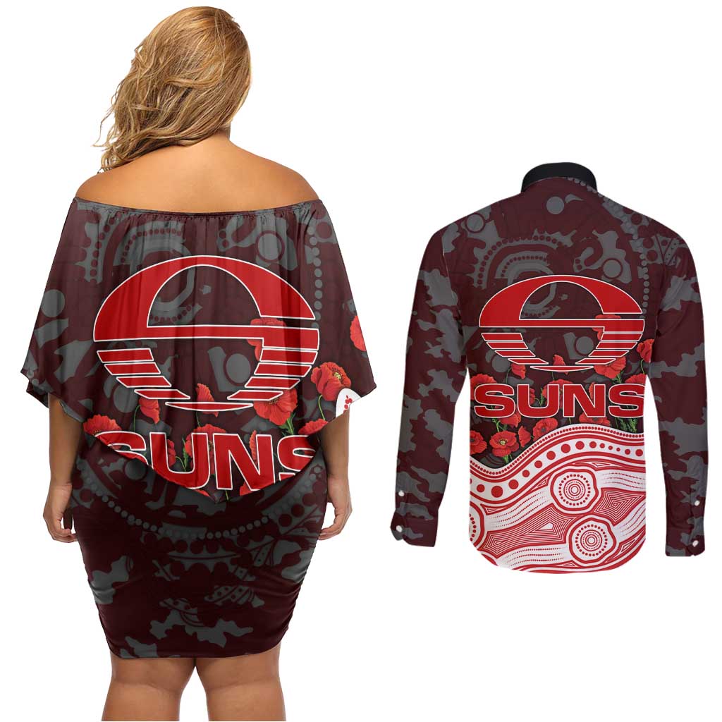 Gold Coast Suns ANZAC Day Couples Matching Off Shoulder Short Dress and Long Sleeve Button Shirt Indigenous Dot Art with Poppy Flower Tribute
