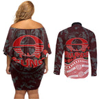 Gold Coast Suns ANZAC Day Couples Matching Off Shoulder Short Dress and Long Sleeve Button Shirt Indigenous Dot Art with Poppy Flower Tribute