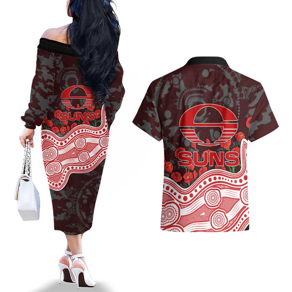 Gold Coast Suns ANZAC Day Couples Matching Off The Shoulder Long Sleeve Dress and Hawaiian Shirt Indigenous Dot Art with Poppy Flower Tribute