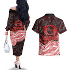 Gold Coast Suns ANZAC Day Couples Matching Off The Shoulder Long Sleeve Dress and Hawaiian Shirt Indigenous Dot Art with Poppy Flower Tribute