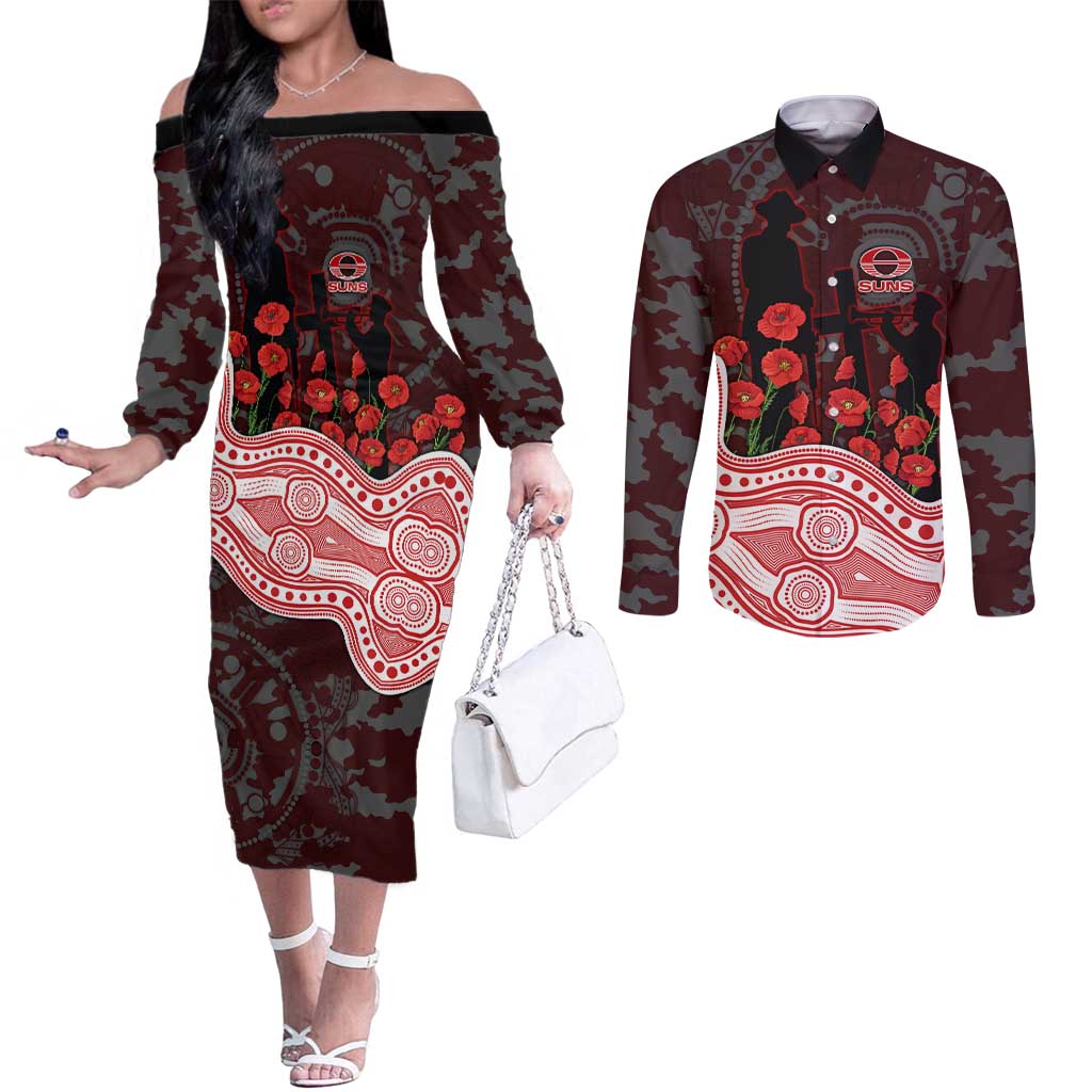 Gold Coast Suns ANZAC Day Couples Matching Off The Shoulder Long Sleeve Dress and Long Sleeve Button Shirt Indigenous Dot Art with Poppy Flower Tribute