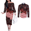 Gold Coast Suns ANZAC Day Couples Matching Off The Shoulder Long Sleeve Dress and Long Sleeve Button Shirt Indigenous Dot Art with Poppy Flower Tribute