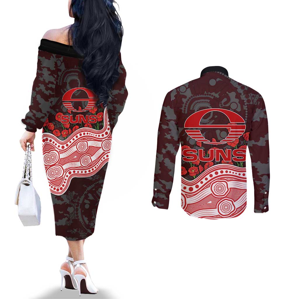 Gold Coast Suns ANZAC Day Couples Matching Off The Shoulder Long Sleeve Dress and Long Sleeve Button Shirt Indigenous Dot Art with Poppy Flower Tribute