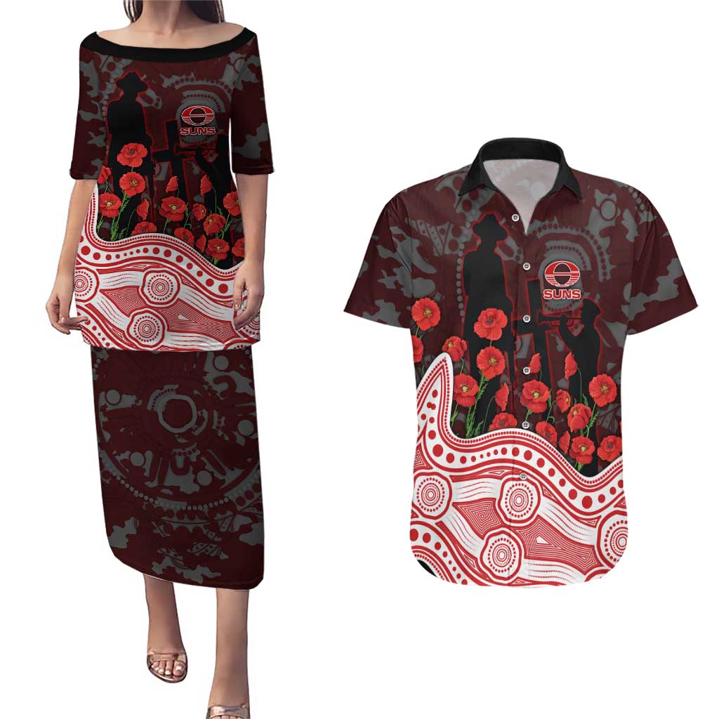 Gold Coast Suns ANZAC Day Couples Matching Puletasi and Hawaiian Shirt Indigenous Dot Art with Poppy Flower Tribute