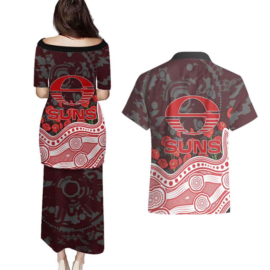 Gold Coast Suns ANZAC Day Couples Matching Puletasi and Hawaiian Shirt Indigenous Dot Art with Poppy Flower Tribute