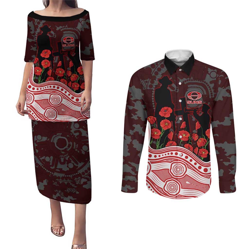 Gold Coast Suns ANZAC Day Couples Matching Puletasi and Long Sleeve Button Shirt Indigenous Dot Art with Poppy Flower Tribute