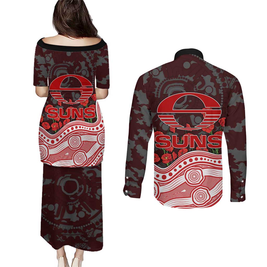Gold Coast Suns ANZAC Day Couples Matching Puletasi and Long Sleeve Button Shirt Indigenous Dot Art with Poppy Flower Tribute