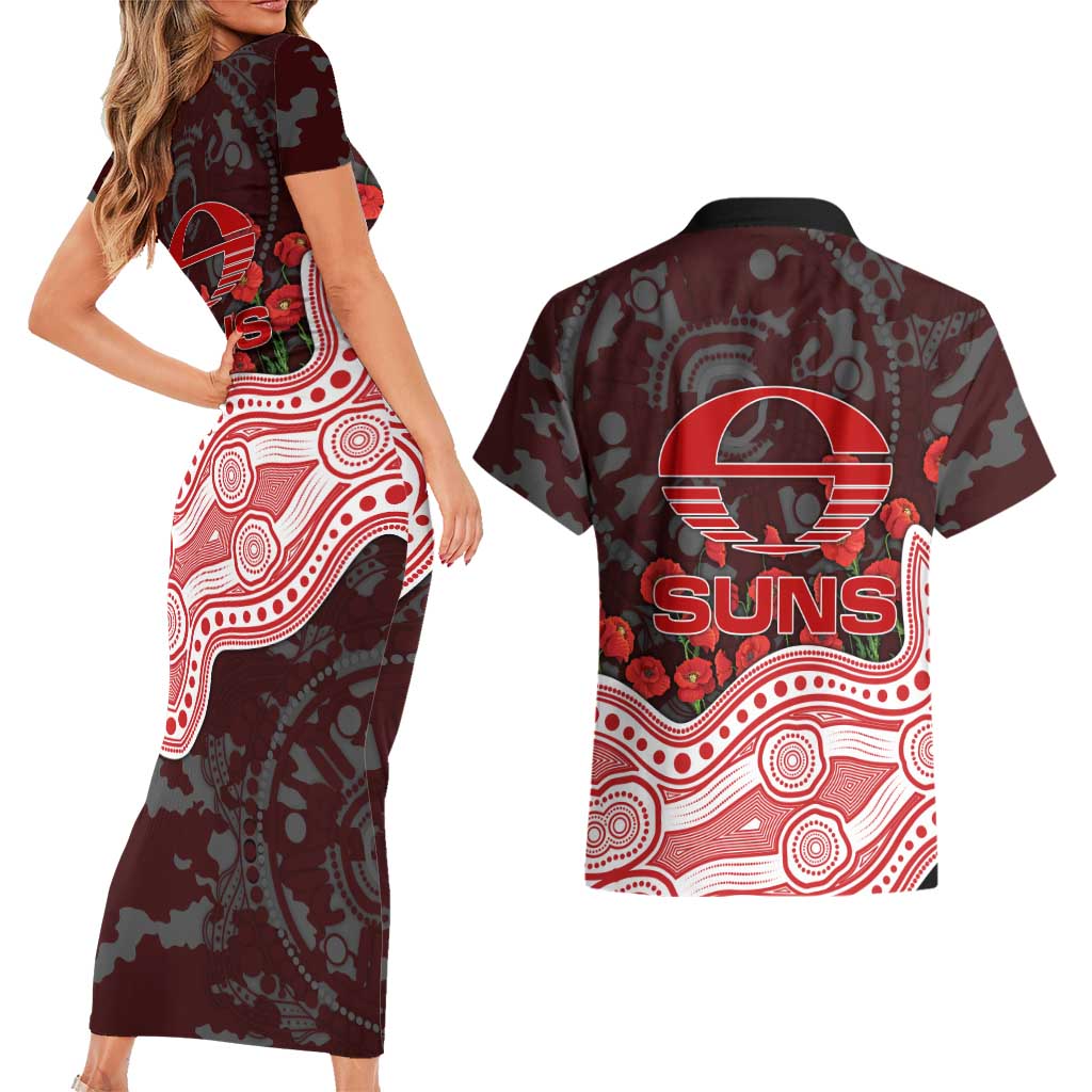 Gold Coast Suns ANZAC Day Couples Matching Short Sleeve Bodycon Dress and Hawaiian Shirt Indigenous Dot Art with Poppy Flower Tribute