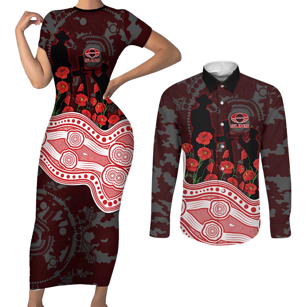 Gold Coast Suns ANZAC Day Couples Matching Short Sleeve Bodycon Dress and Long Sleeve Button Shirt Indigenous Dot Art with Poppy Flower Tribute