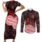 Gold Coast Suns ANZAC Day Couples Matching Short Sleeve Bodycon Dress and Long Sleeve Button Shirt Indigenous Dot Art with Poppy Flower Tribute