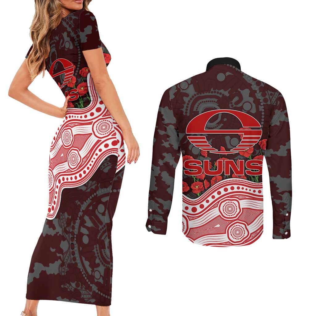 Gold Coast Suns ANZAC Day Couples Matching Short Sleeve Bodycon Dress and Long Sleeve Button Shirt Indigenous Dot Art with Poppy Flower Tribute