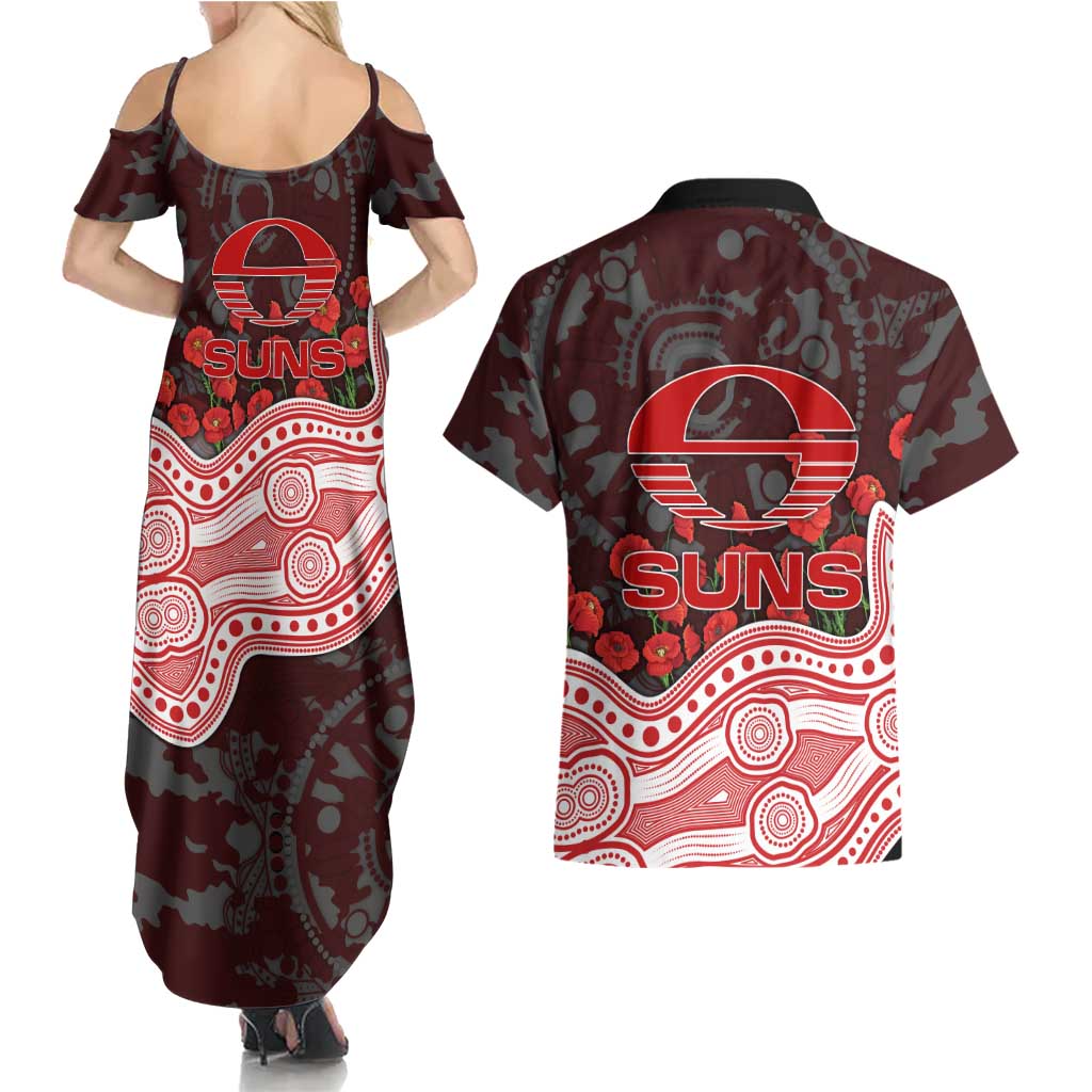 Gold Coast Suns ANZAC Day Couples Matching Summer Maxi Dress and Hawaiian Shirt Indigenous Dot Art with Poppy Flower Tribute
