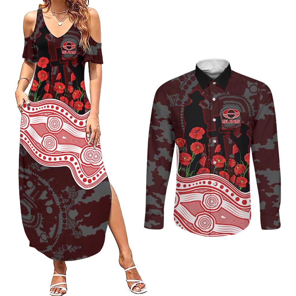 Gold Coast Suns ANZAC Day Couples Matching Summer Maxi Dress and Long Sleeve Button Shirt Indigenous Dot Art with Poppy Flower Tribute