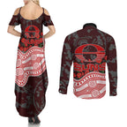 Gold Coast Suns ANZAC Day Couples Matching Summer Maxi Dress and Long Sleeve Button Shirt Indigenous Dot Art with Poppy Flower Tribute