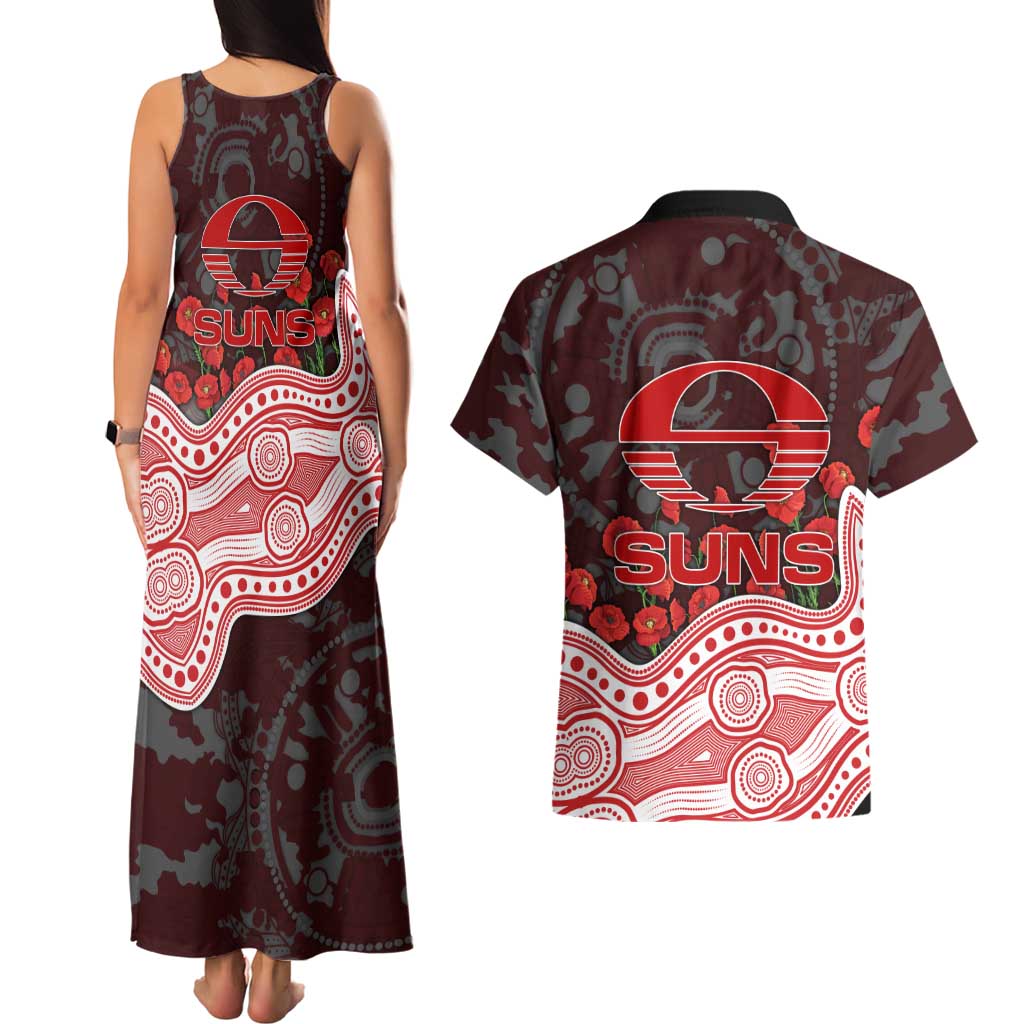 Gold Coast Suns ANZAC Day Couples Matching Tank Maxi Dress and Hawaiian Shirt Indigenous Dot Art with Poppy Flower Tribute