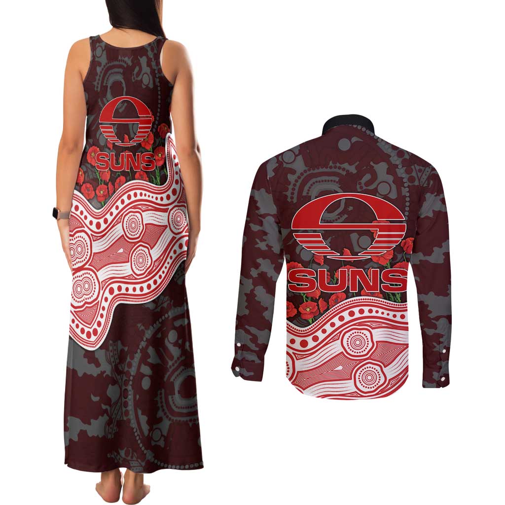 Gold Coast Suns ANZAC Day Couples Matching Tank Maxi Dress and Long Sleeve Button Shirt Indigenous Dot Art with Poppy Flower Tribute