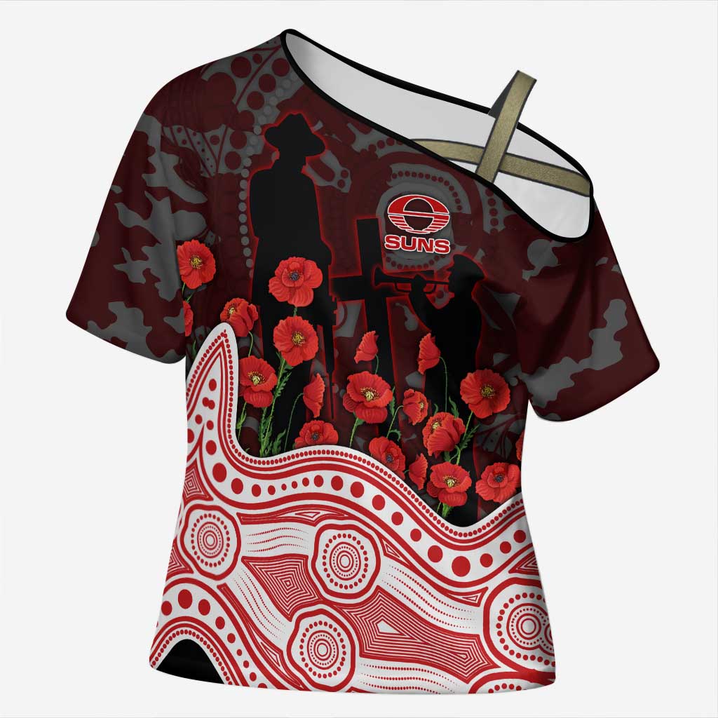 Gold Coast Suns ANZAC Day Cross Shoulder Shirt Indigenous Dot Art with Poppy Flower Tribute