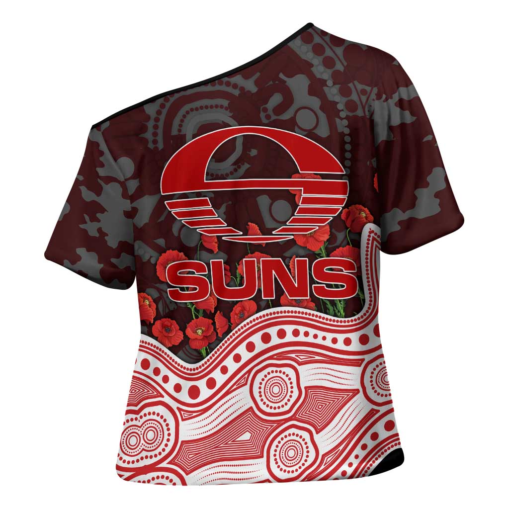 Gold Coast Suns ANZAC Day Cross Shoulder Shirt Indigenous Dot Art with Poppy Flower Tribute