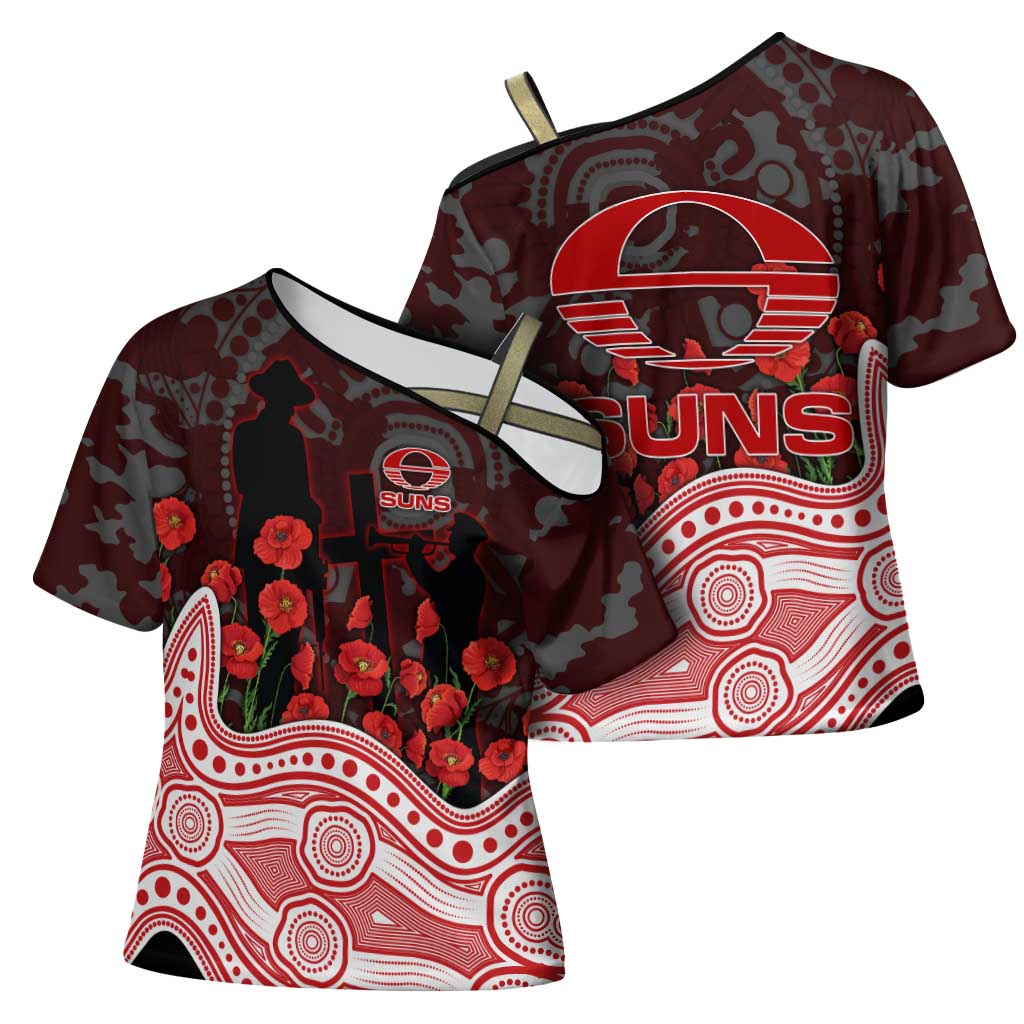 Gold Coast Suns ANZAC Day Cross Shoulder Shirt Indigenous Dot Art with Poppy Flower Tribute