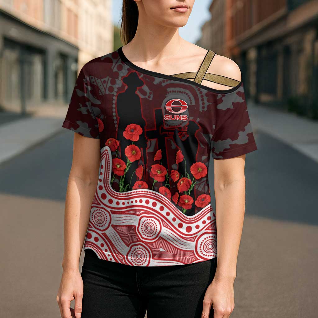 Gold Coast Suns ANZAC Day Cross Shoulder Shirt Indigenous Dot Art with Poppy Flower Tribute