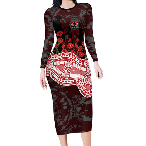 Gold Coast Suns ANZAC Day Family Matching Long Sleeve Bodycon Dress and Hawaiian Shirt Indigenous Dot Art with Poppy Flower Tribute