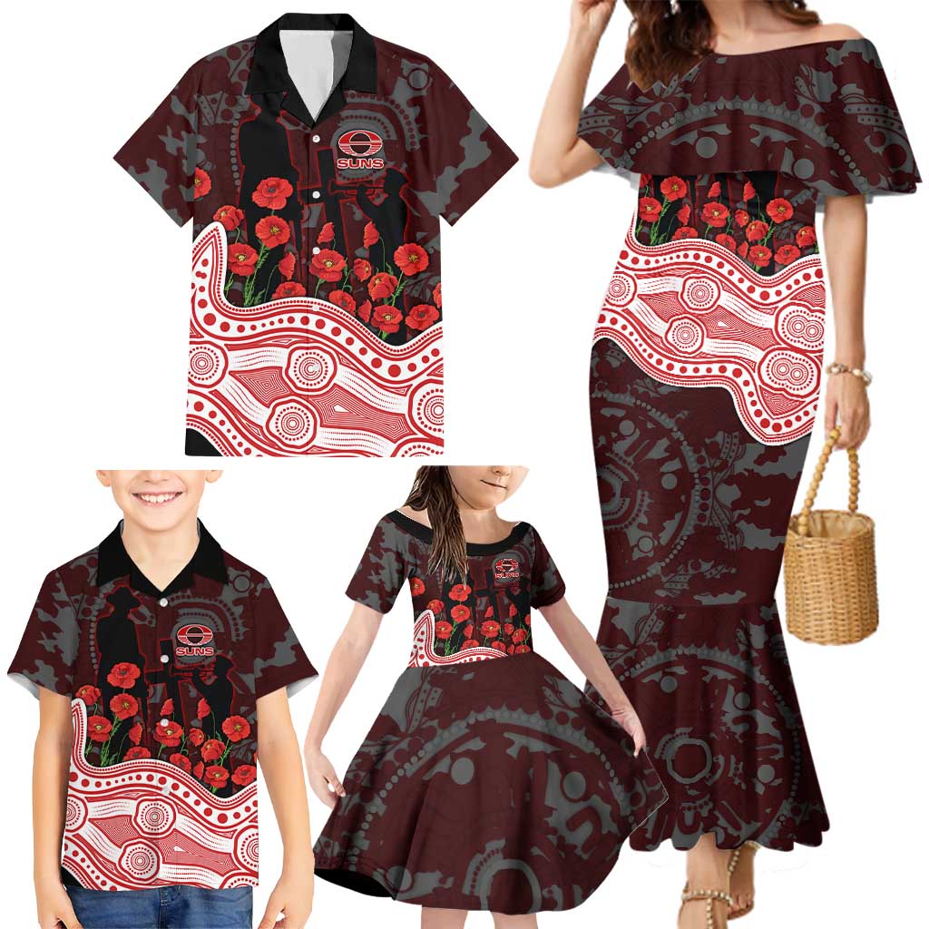 Gold Coast Suns ANZAC Day Family Matching Mermaid Dress and Hawaiian Shirt Indigenous Dot Art with Poppy Flower Tribute