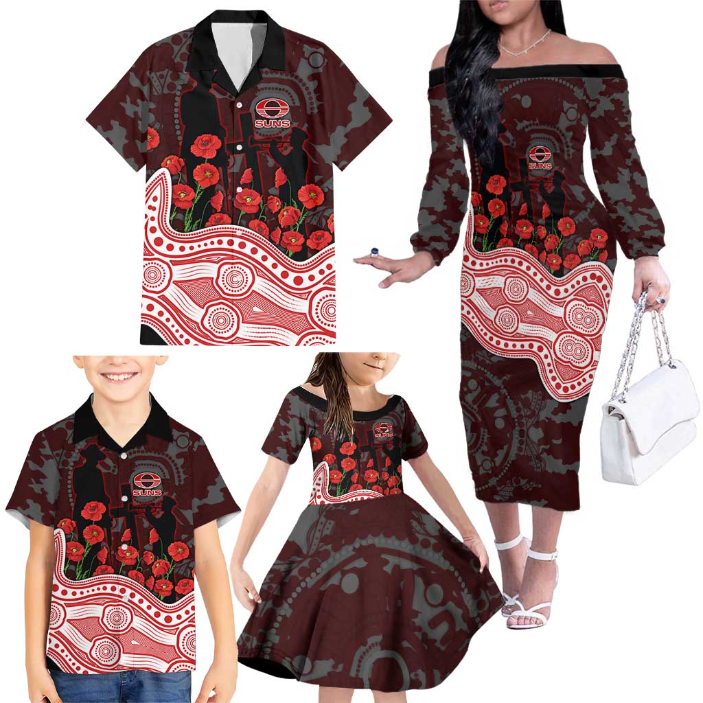 Gold Coast Suns ANZAC Day Family Matching Off The Shoulder Long Sleeve Dress and Hawaiian Shirt Indigenous Dot Art with Poppy Flower Tribute