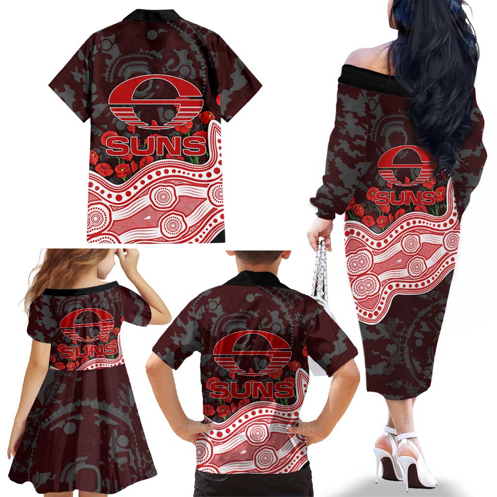 Gold Coast Suns ANZAC Day Family Matching Off The Shoulder Long Sleeve Dress and Hawaiian Shirt Indigenous Dot Art with Poppy Flower Tribute