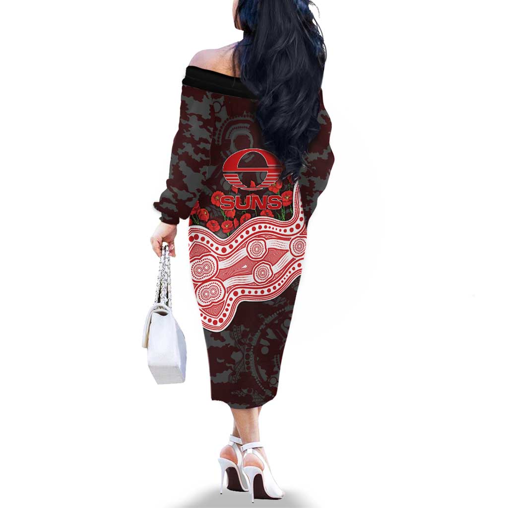 Gold Coast Suns ANZAC Day Family Matching Off The Shoulder Long Sleeve Dress and Hawaiian Shirt Indigenous Dot Art with Poppy Flower Tribute