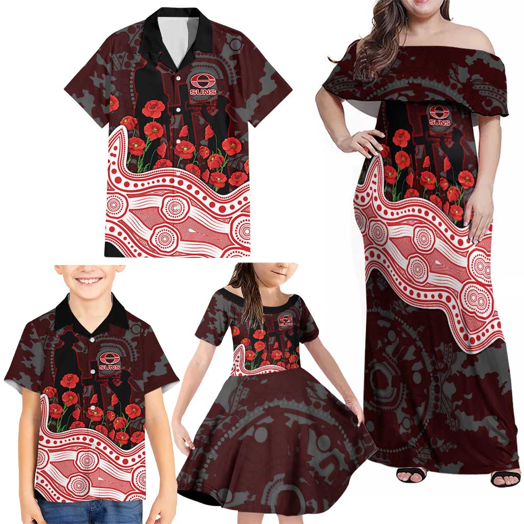 Gold Coast Suns ANZAC Day Family Matching Off Shoulder Maxi Dress and Hawaiian Shirt Indigenous Dot Art with Poppy Flower Tribute