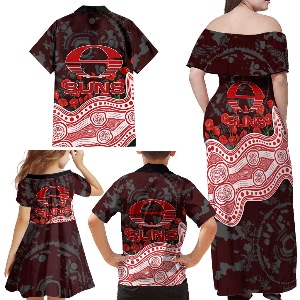 Gold Coast Suns ANZAC Day Family Matching Off Shoulder Maxi Dress and Hawaiian Shirt Indigenous Dot Art with Poppy Flower Tribute