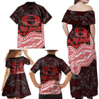 Gold Coast Suns ANZAC Day Family Matching Off Shoulder Maxi Dress and Hawaiian Shirt Indigenous Dot Art with Poppy Flower Tribute