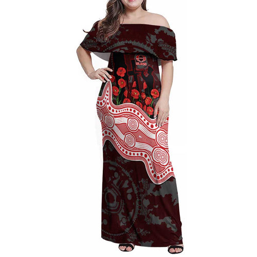 Gold Coast Suns ANZAC Day Family Matching Off Shoulder Maxi Dress and Hawaiian Shirt Indigenous Dot Art with Poppy Flower Tribute