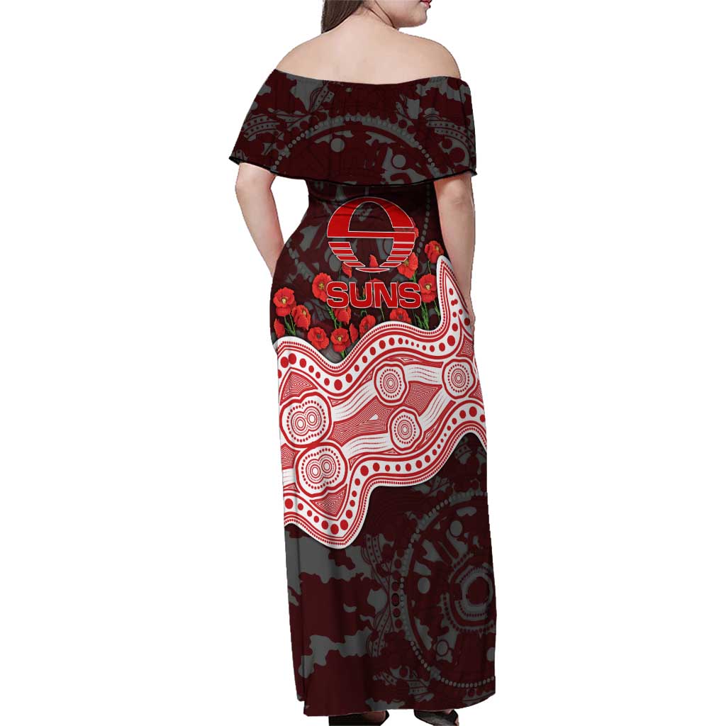 Gold Coast Suns ANZAC Day Family Matching Off Shoulder Maxi Dress and Hawaiian Shirt Indigenous Dot Art with Poppy Flower Tribute