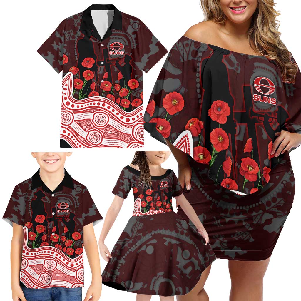 Gold Coast Suns ANZAC Day Family Matching Off Shoulder Short Dress and Hawaiian Shirt Indigenous Dot Art with Poppy Flower Tribute