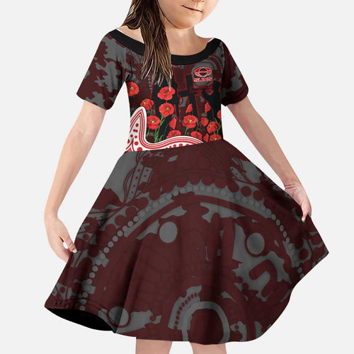 Gold Coast Suns ANZAC Day Family Matching Off Shoulder Short Dress and Hawaiian Shirt Indigenous Dot Art with Poppy Flower Tribute