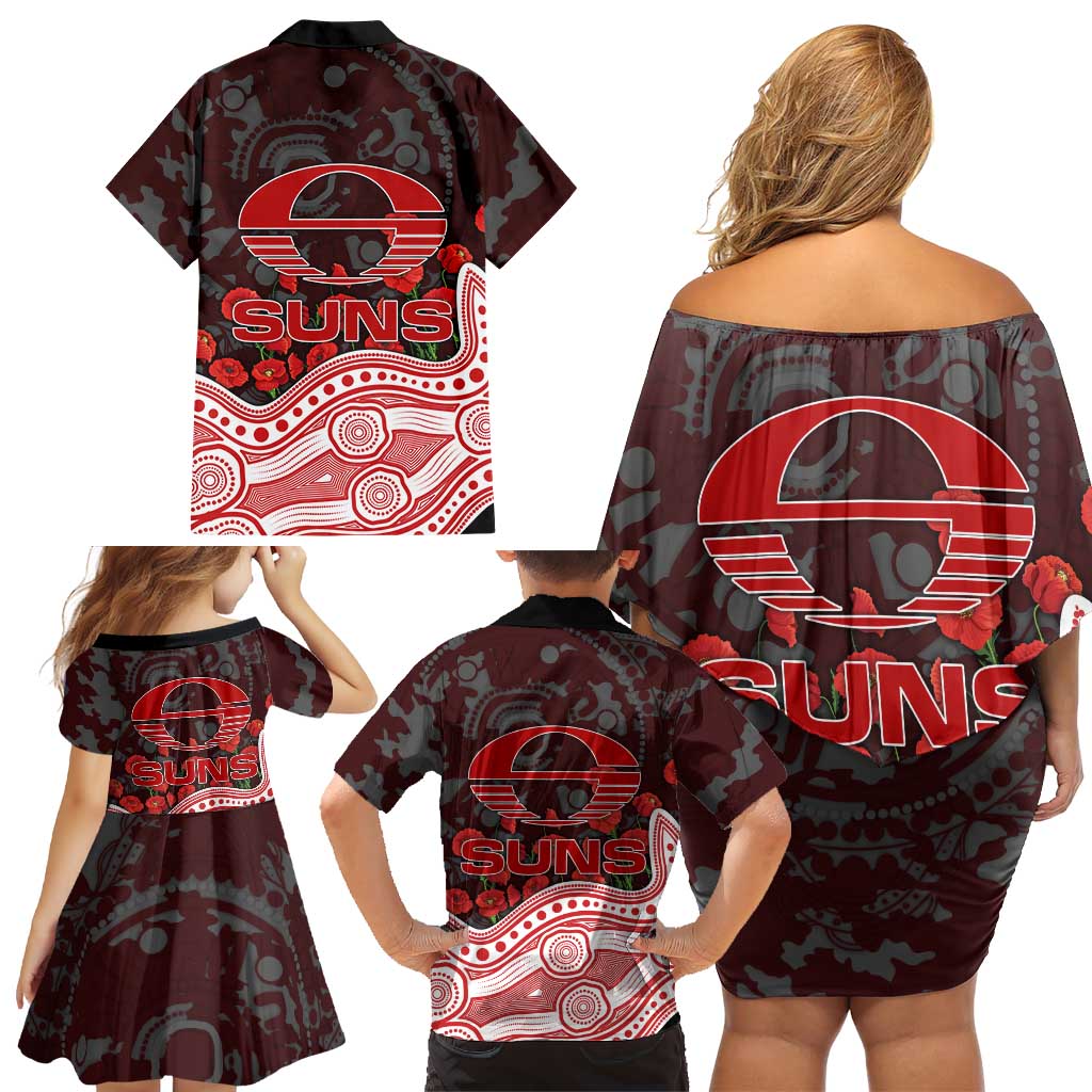 Gold Coast Suns ANZAC Day Family Matching Off Shoulder Short Dress and Hawaiian Shirt Indigenous Dot Art with Poppy Flower Tribute