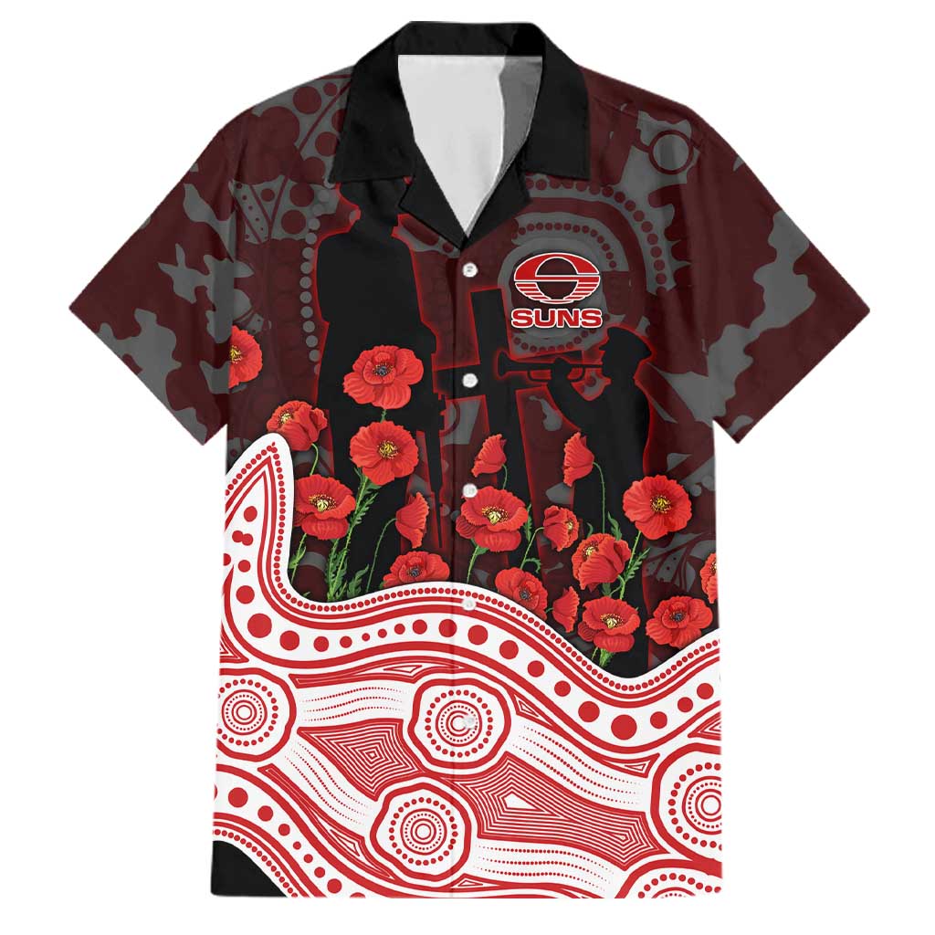 Gold Coast Suns ANZAC Day Family Matching Off Shoulder Short Dress and Hawaiian Shirt Indigenous Dot Art with Poppy Flower Tribute