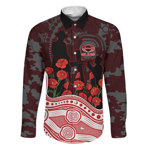 Gold Coast Suns ANZAC Day Family Matching Off Shoulder Short Dress and Hawaiian Shirt Indigenous Dot Art with Poppy Flower Tribute