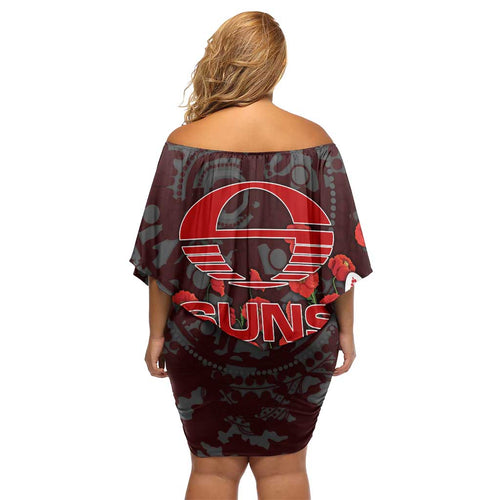 Gold Coast Suns ANZAC Day Family Matching Off Shoulder Short Dress and Hawaiian Shirt Indigenous Dot Art with Poppy Flower Tribute