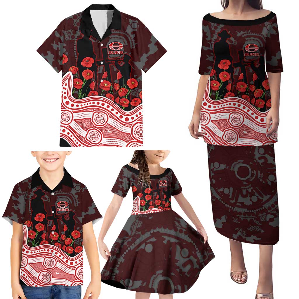 Gold Coast Suns ANZAC Day Family Matching Puletasi and Hawaiian Shirt Indigenous Dot Art with Poppy Flower Tribute