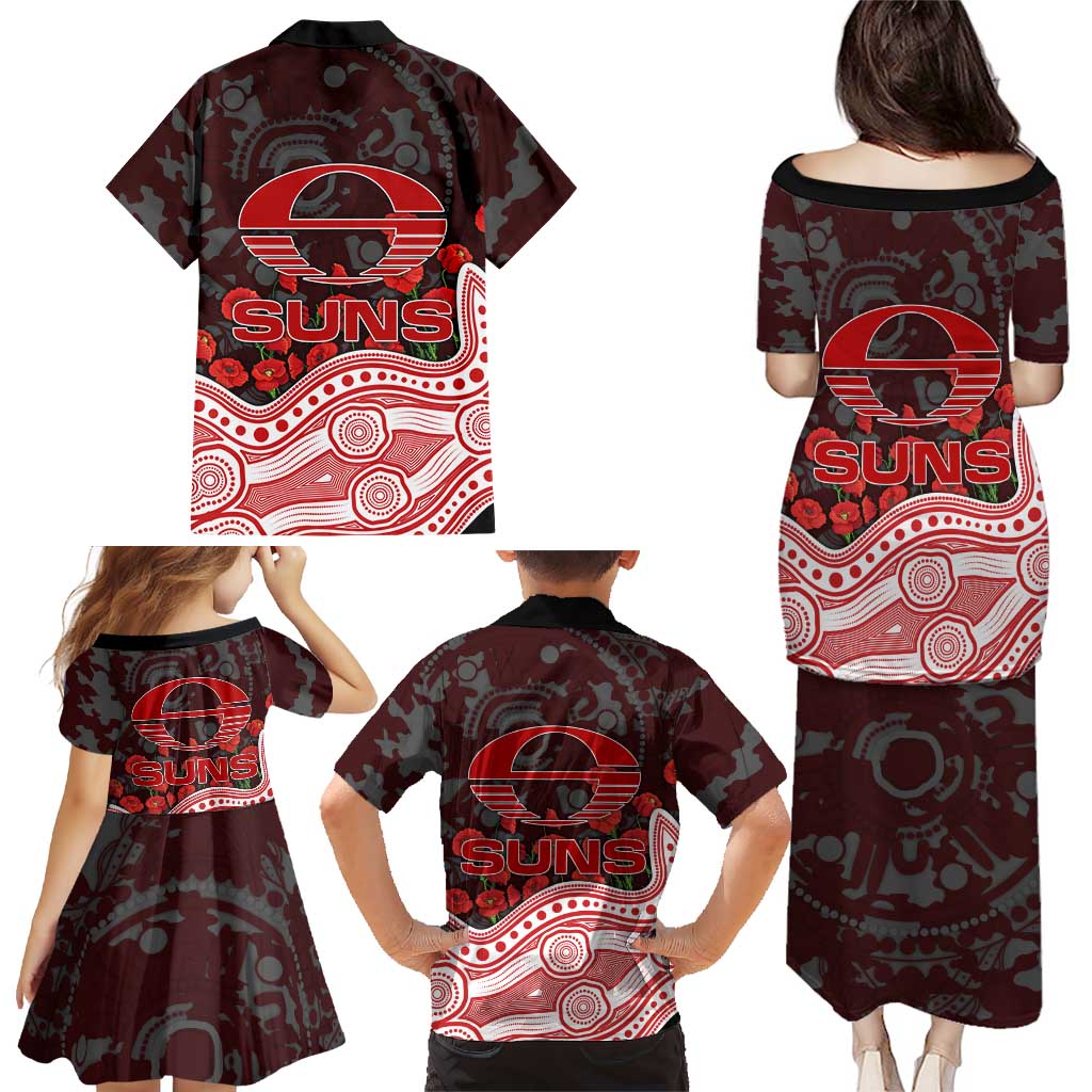 Gold Coast Suns ANZAC Day Family Matching Puletasi and Hawaiian Shirt Indigenous Dot Art with Poppy Flower Tribute