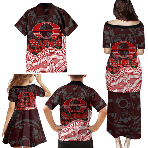 Gold Coast Suns ANZAC Day Family Matching Puletasi and Hawaiian Shirt Indigenous Dot Art with Poppy Flower Tribute